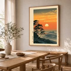 Japanese Sunset Print – Vintage Misty Mountain Wall Art — dining room framed print natural wood frame