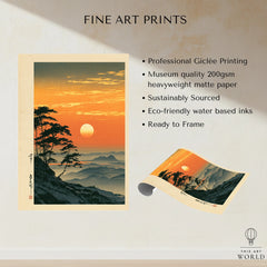 Japanese Sunset Print – Vintage Misty Mountain Wall Art — fine art print unframed quality details