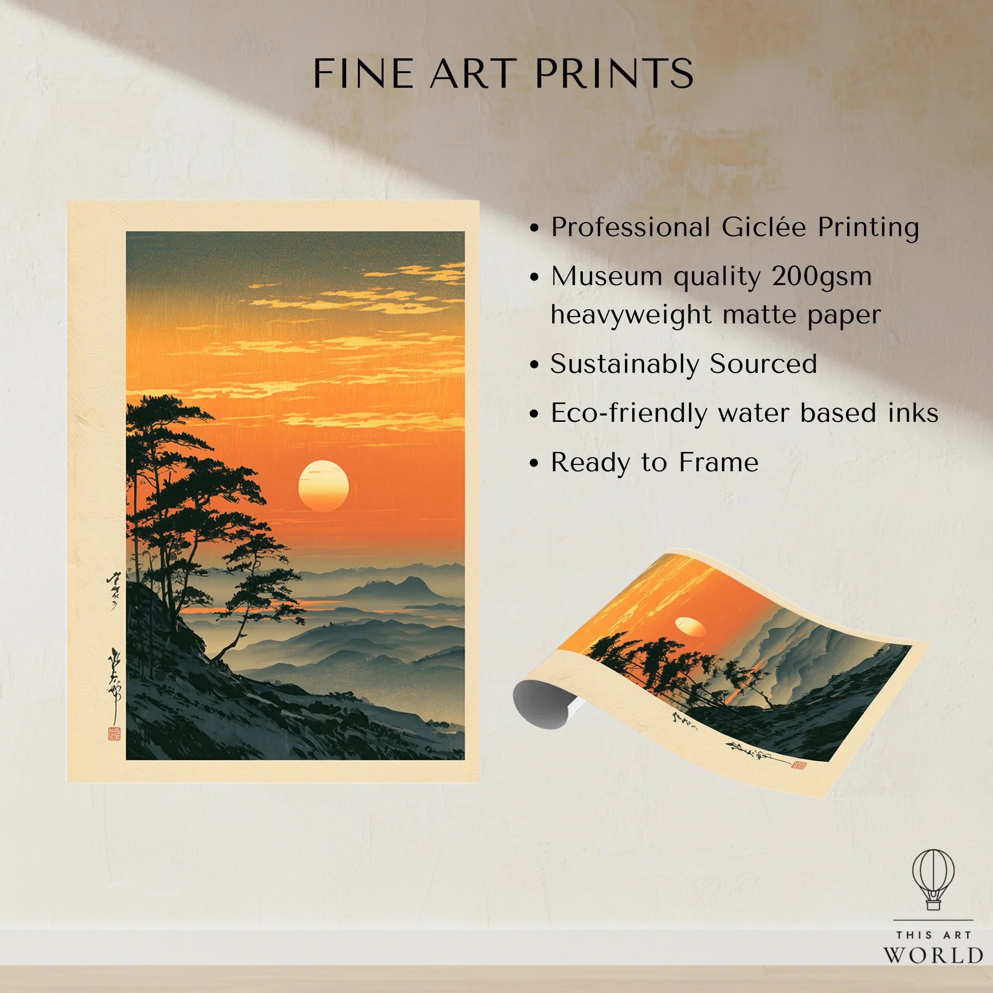 Japanese Sunset Print – Vintage Misty Mountain Wall Art — fine art print unframed quality details