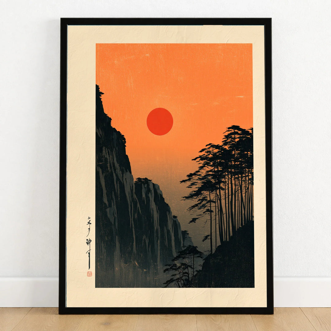 Red Sun Japanese Art Print – Vintage Sunset Wall Art — art print in black frame on wooden floor