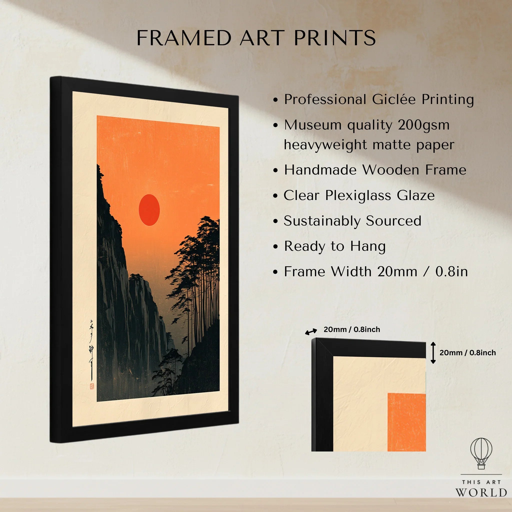 Red Sun Japanese Art Print – Vintage Sunset Wall Art — framed print details measurements quality details