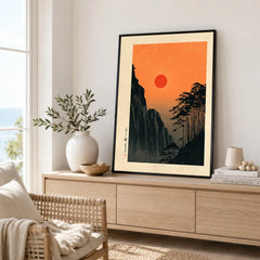 Red Sun Japanese Art Print – Vintage Sunset Wall Art — framed artwork living room lifestyle setting