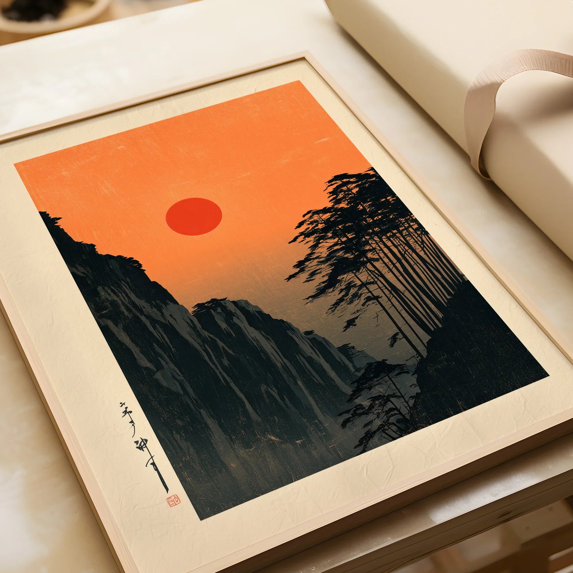 Red Sun Japanese Art Print – Vintage Sunset Wall Art — framed art print closeup gift unwrapped natural frame