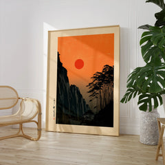 Red Sun Japanese Art Print – Vintage Sunset Wall Art — large framed print room setting chair plant