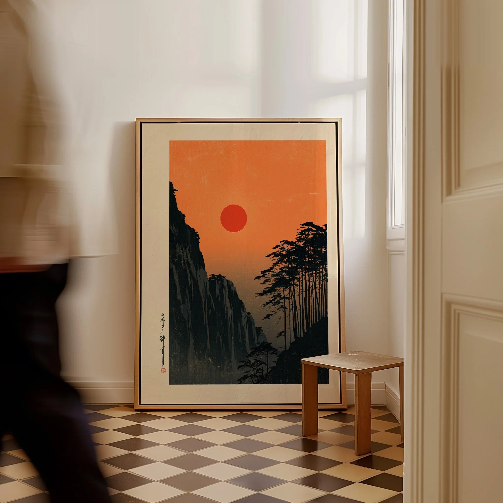 Red Sun Japanese Art Print – Vintage Sunset Wall Art — framed canvas on floor man walking past