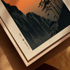 Red Sun Japanese Art Print – Vintage Sunset Wall Art — closeup framed canvas natural wood floating frame