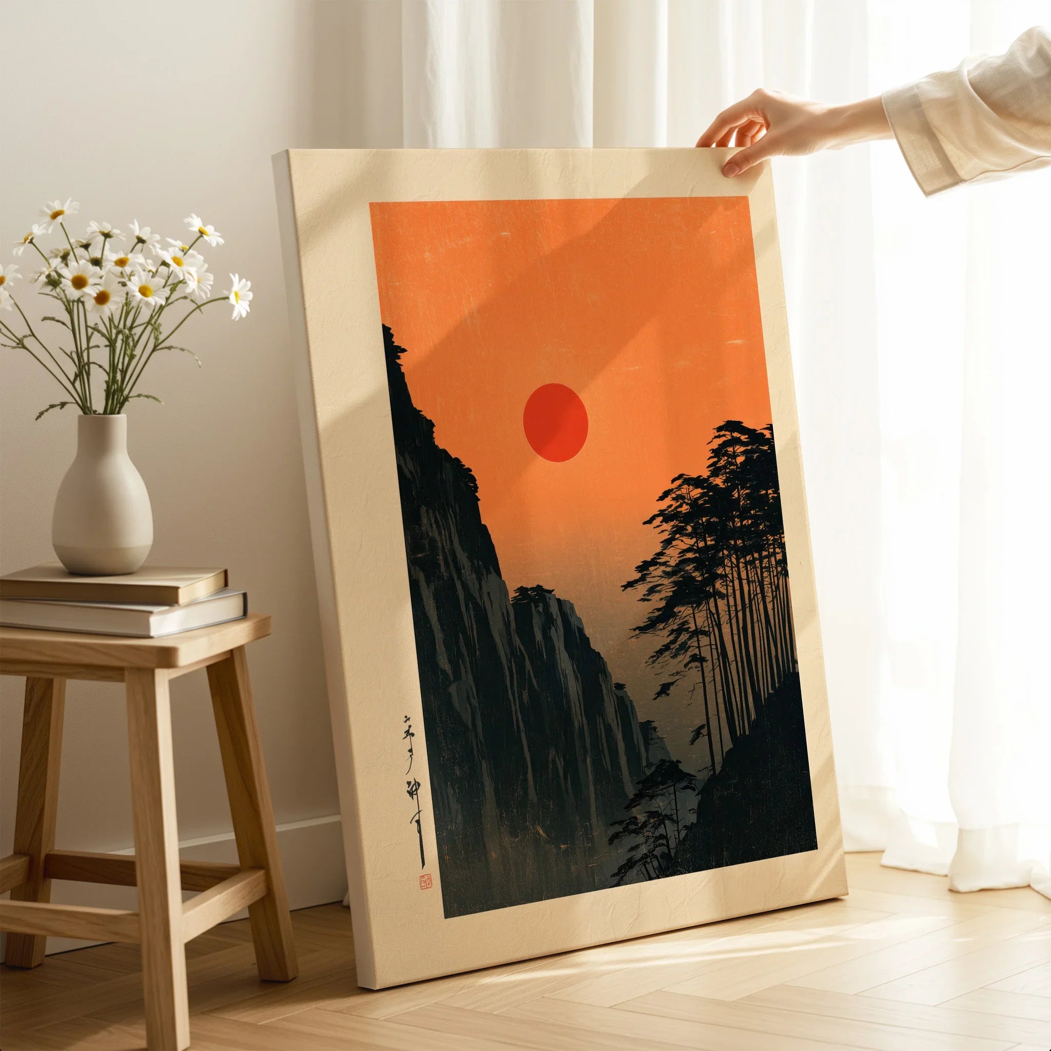 Red Sun Japanese Art Print – Vintage Sunset Wall Art — canvas print mirror edge hand holding room setting