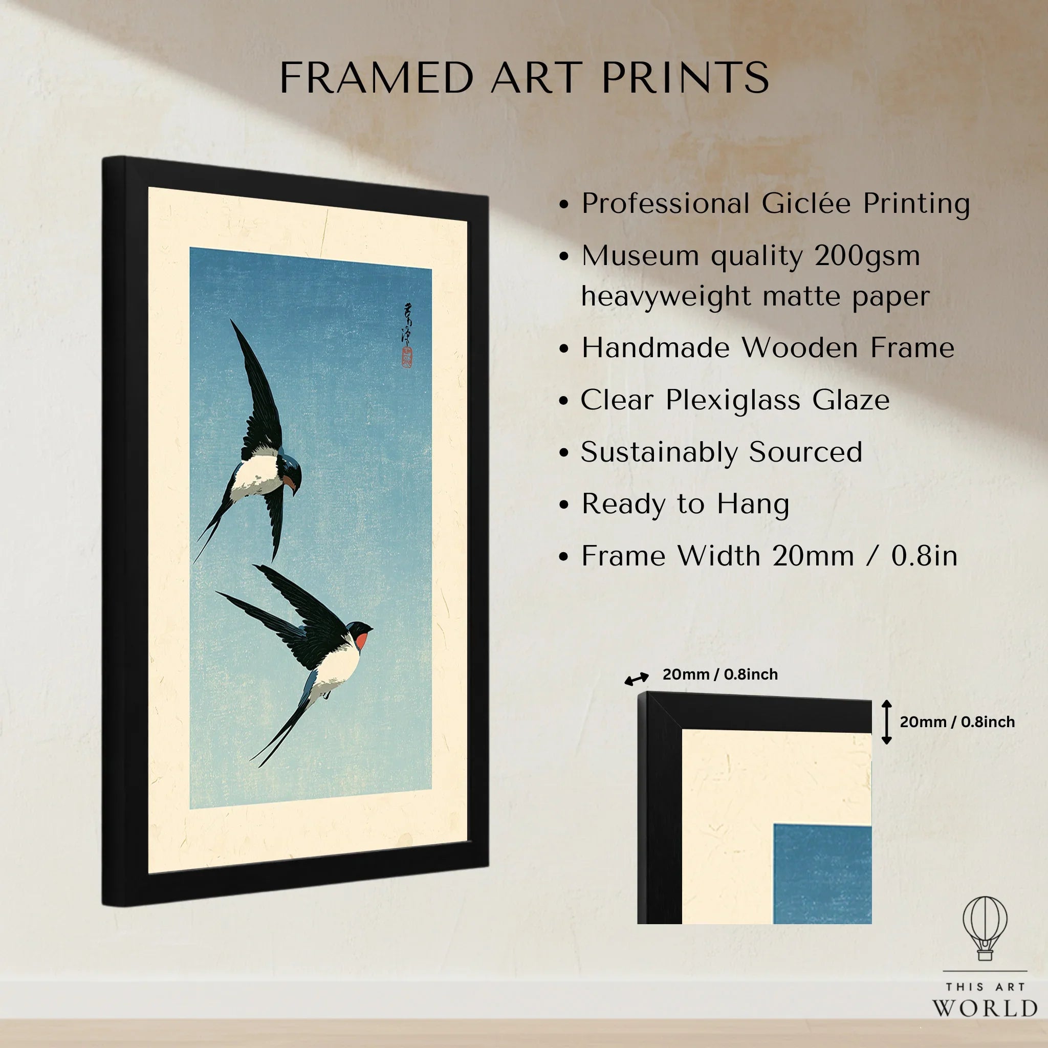 Japanese Swallow Bird Art Print – Vintage Blue Wall Art — framed print details measurements quality details