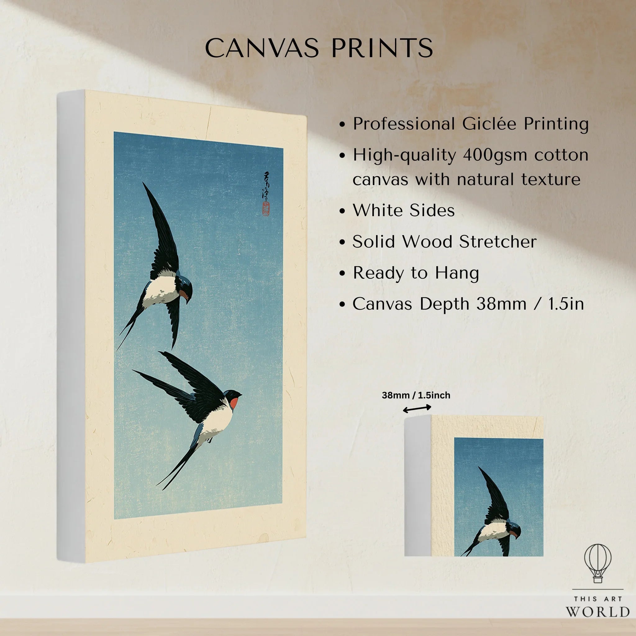 Japanese Swallow Bird Art Print – Vintage Blue Wall Art — canvas print stretched cotton canvas details
