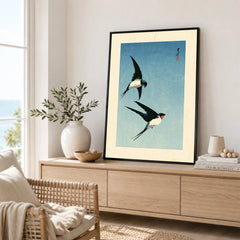 Japanese Swallow Bird Art Print – Vintage Blue Wall Art — framed artwork living room lifestyle setting