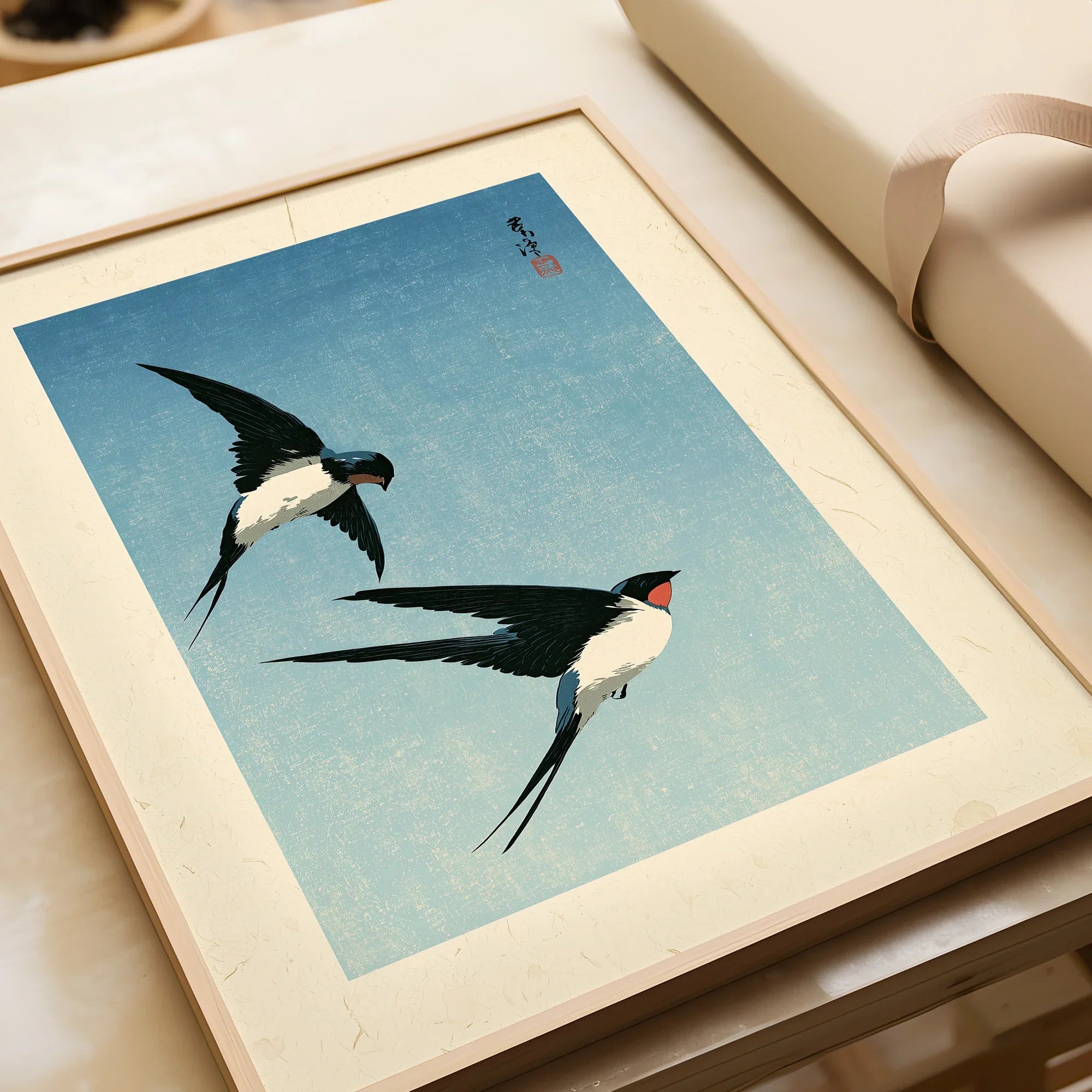 Japanese Swallow Bird Art Print – Vintage Blue Wall Art — framed art print closeup gift unwrapped natural frame
