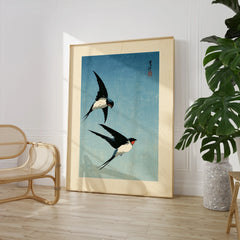 Japanese Swallow Bird Art Print – Vintage Blue Wall Art — large framed print room setting chair plant