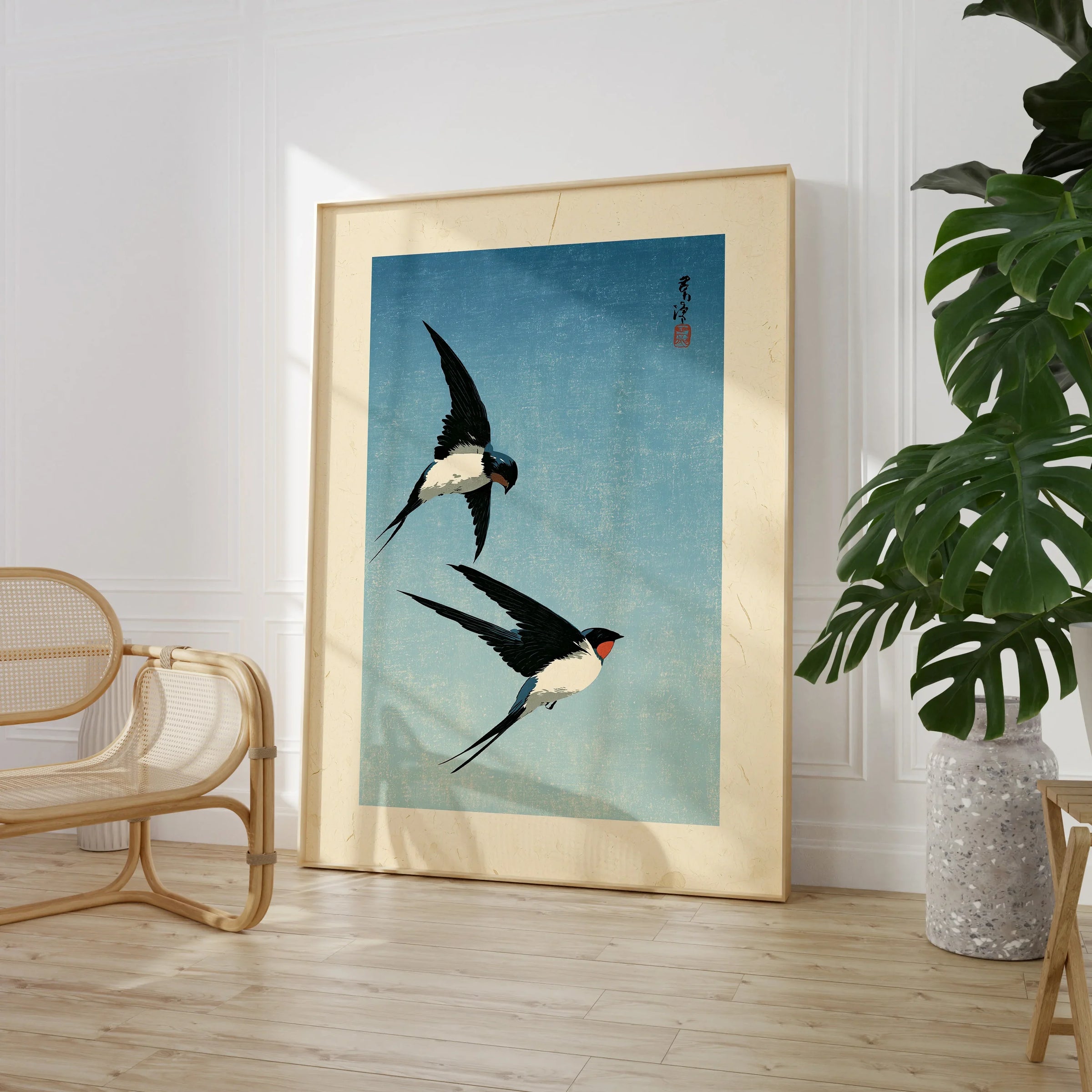 Japanese Swallow Bird Art Print – Vintage Blue Wall Art — large framed print room setting chair plant