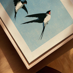 Japanese Swallow Bird Art Print – Vintage Blue Wall Art — closeup framed canvas natural wood floating frame