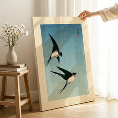 Japanese Swallow Bird Art Print – Vintage Blue Wall Art — canvas print mirror edge hand holding room setting