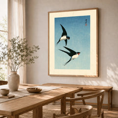 Japanese Swallow Bird Art Print – Vintage Blue Wall Art — dining room framed print natural wood frame