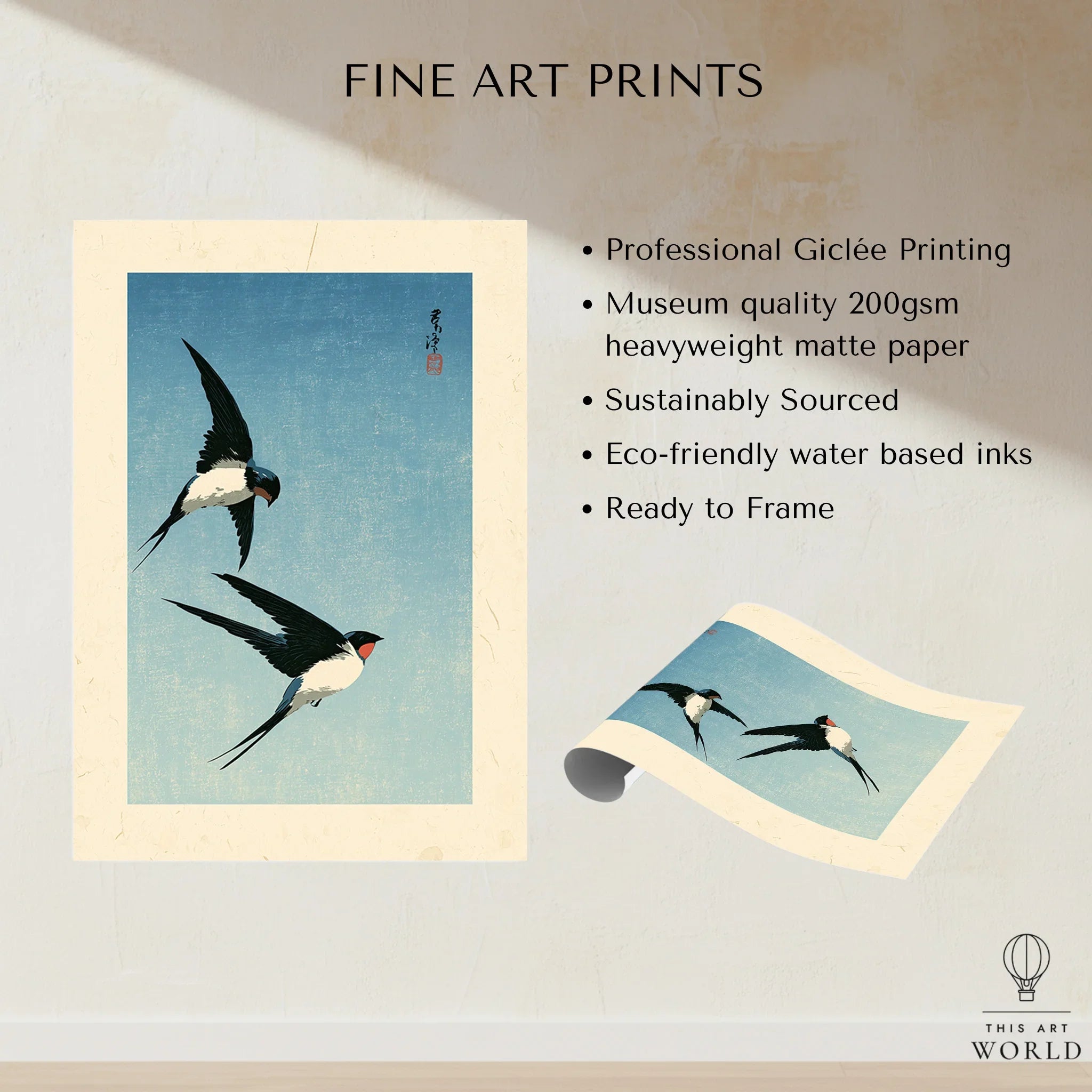 Japanese Swallow Bird Art Print – Vintage Blue Wall Art — fine art print unframed quality details