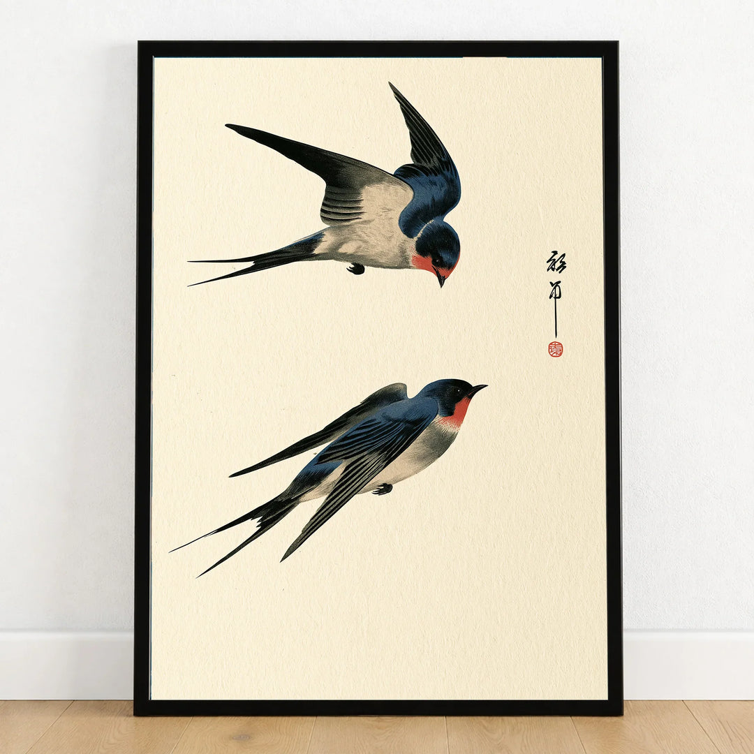 Japanese Swallow Wall Art – Vintage Japanese Bird Print — art print in black frame on wooden floor
