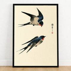Japanese Swallow Wall Art – Vintage Japanese Bird Print — art print in black frame on wooden floor