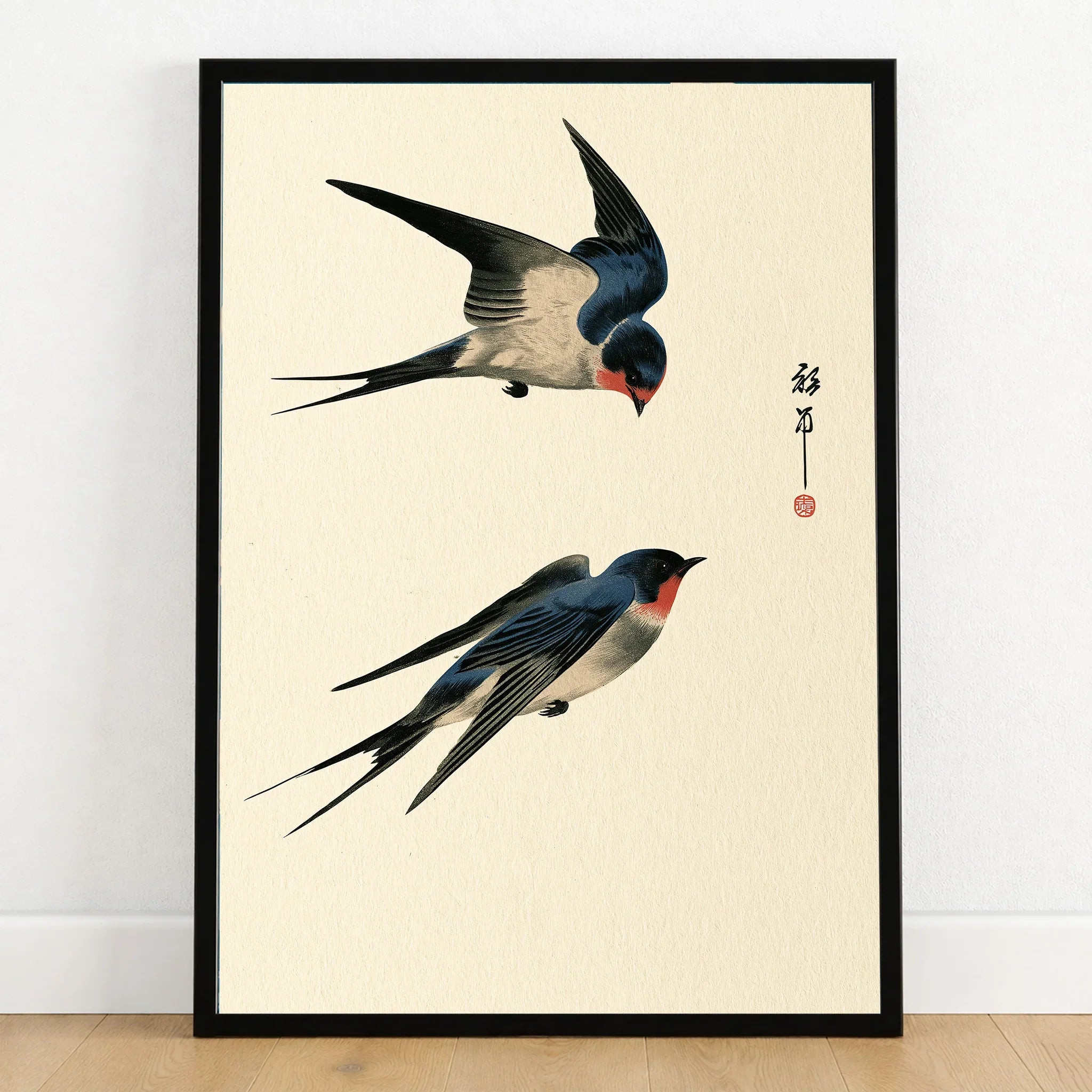 Japanese Swallow Wall Art – Vintage Japanese Bird Print — art print in black frame on wooden floor