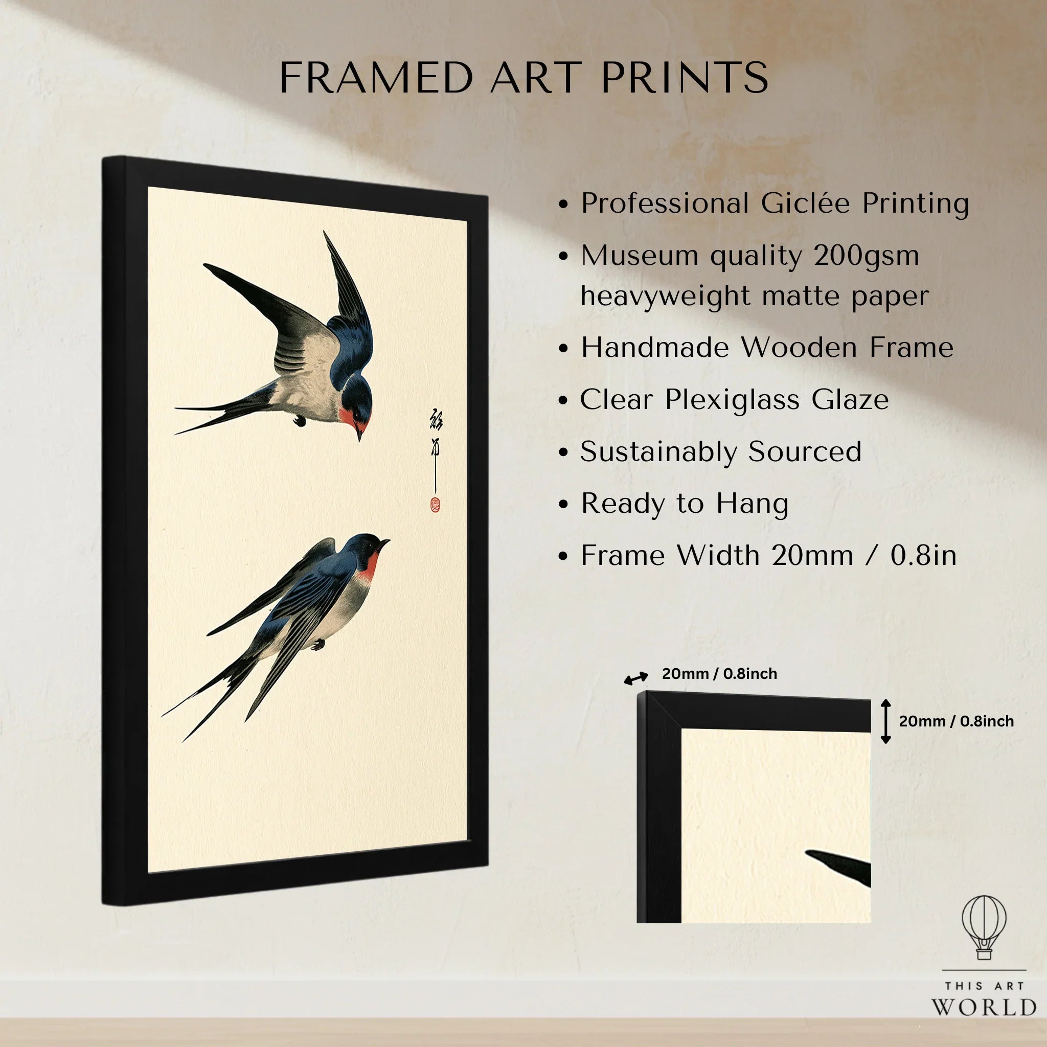 Japanese Swallow Wall Art – Vintage Japanese Bird Print — framed print details measurements quality details