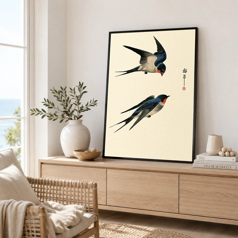 Japanese Swallow Wall Art – Vintage Japanese Bird Print — framed artwork living room lifestyle setting