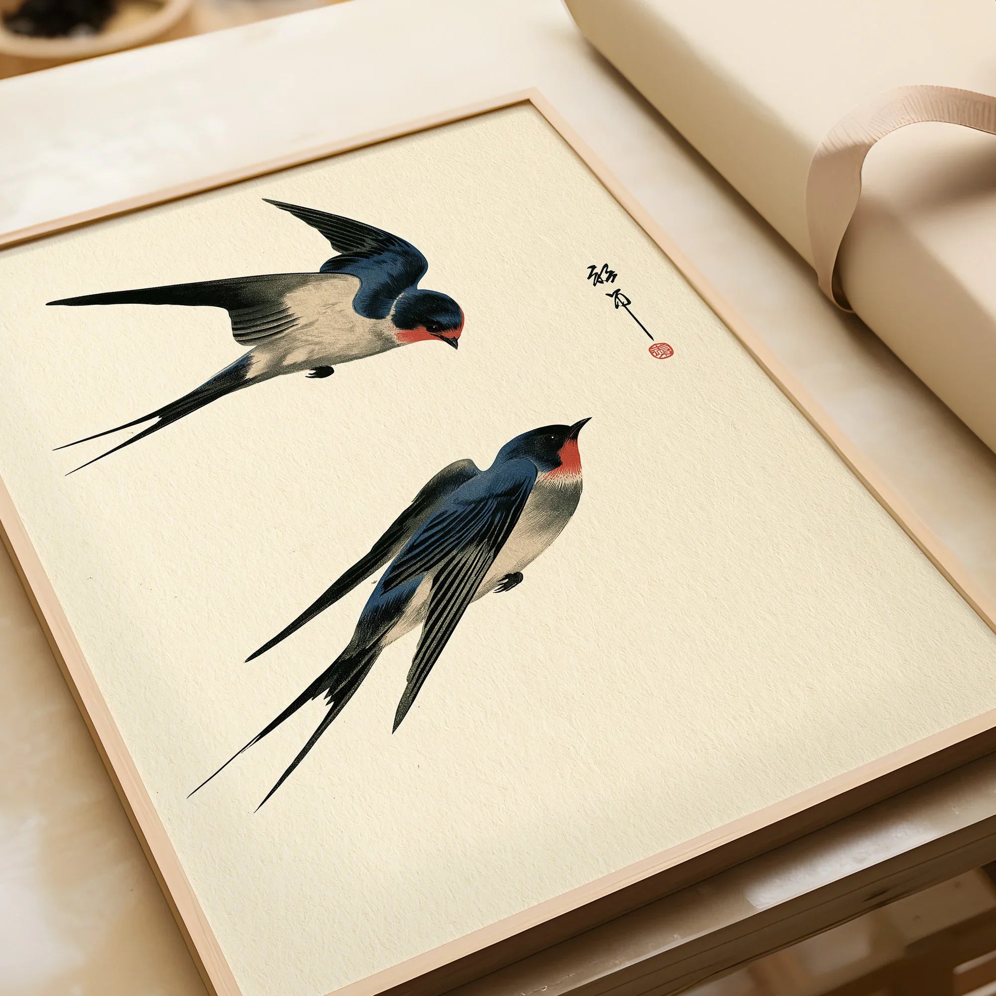 Japanese Swallow Wall Art – Vintage Japanese Bird Print — framed art print closeup gift unwrapped natural frame