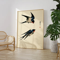 Japanese Swallow Wall Art – Vintage Japanese Bird Print — large framed print room setting chair plant
