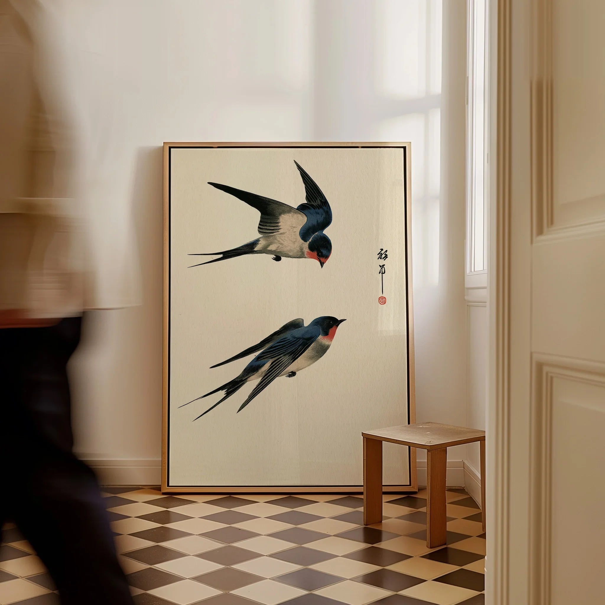 Japanese Swallow Wall Art – Vintage Japanese Bird Print — framed canvas on floor man walking past