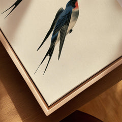 Japanese Swallow Wall Art – Vintage Japanese Bird Print — closeup framed canvas natural wood floating frame