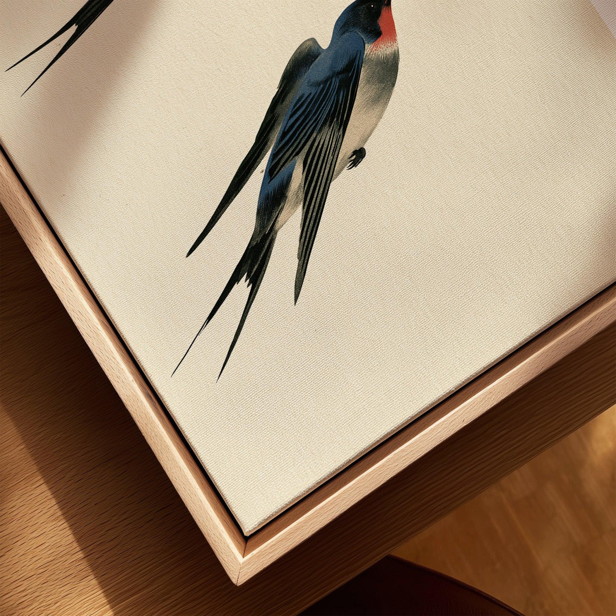 Japanese Swallow Wall Art – Vintage Japanese Bird Print — closeup framed canvas natural wood floating frame