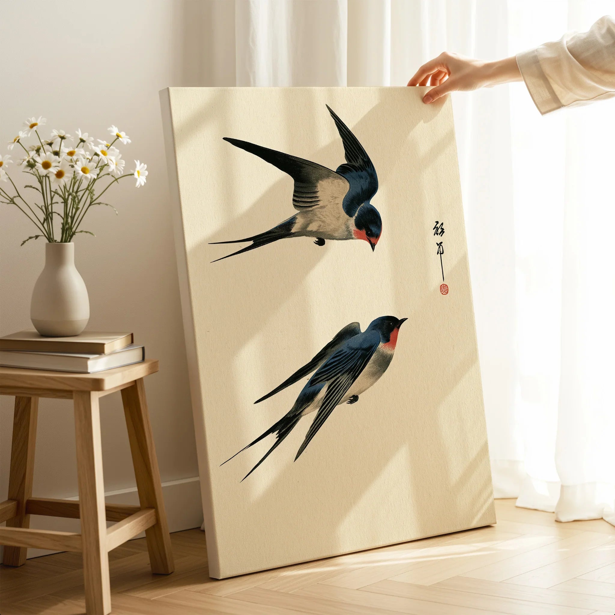 Japanese Swallow Wall Art – Vintage Japanese Bird Print — canvas print mirror edge hand holding room setting