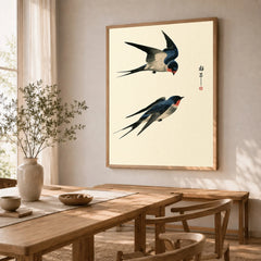 Japanese Swallow Wall Art – Vintage Japanese Bird Print — dining room framed print natural wood frame