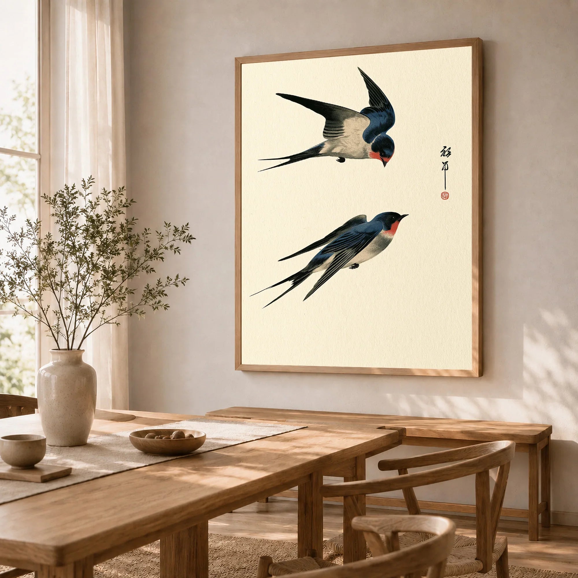 Japanese Swallow Wall Art – Vintage Japanese Bird Print — dining room framed print natural wood frame