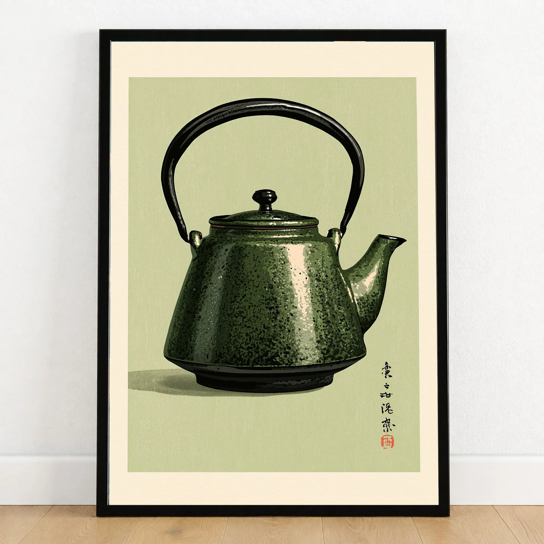 Japanese Teapot Art Print – Vintage Tea & Kitchen Wall Art — art print in black frame on wooden floor