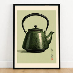Japanese Teapot Art Print – Vintage Tea & Kitchen Wall Art — art print in black frame on wooden floor