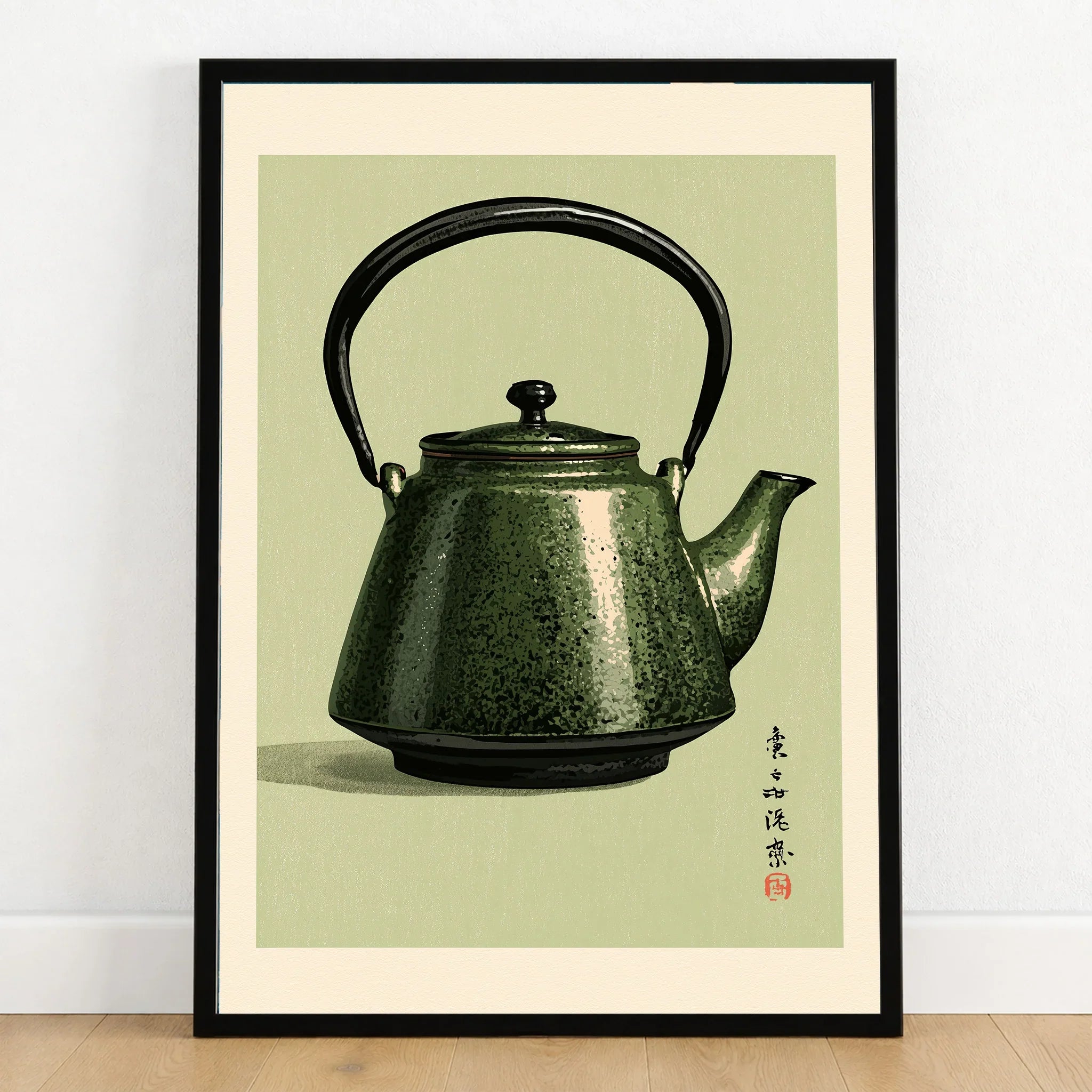 Japanese Teapot Art Print – Vintage Tea & Kitchen Wall Art — art print in black frame on wooden floor