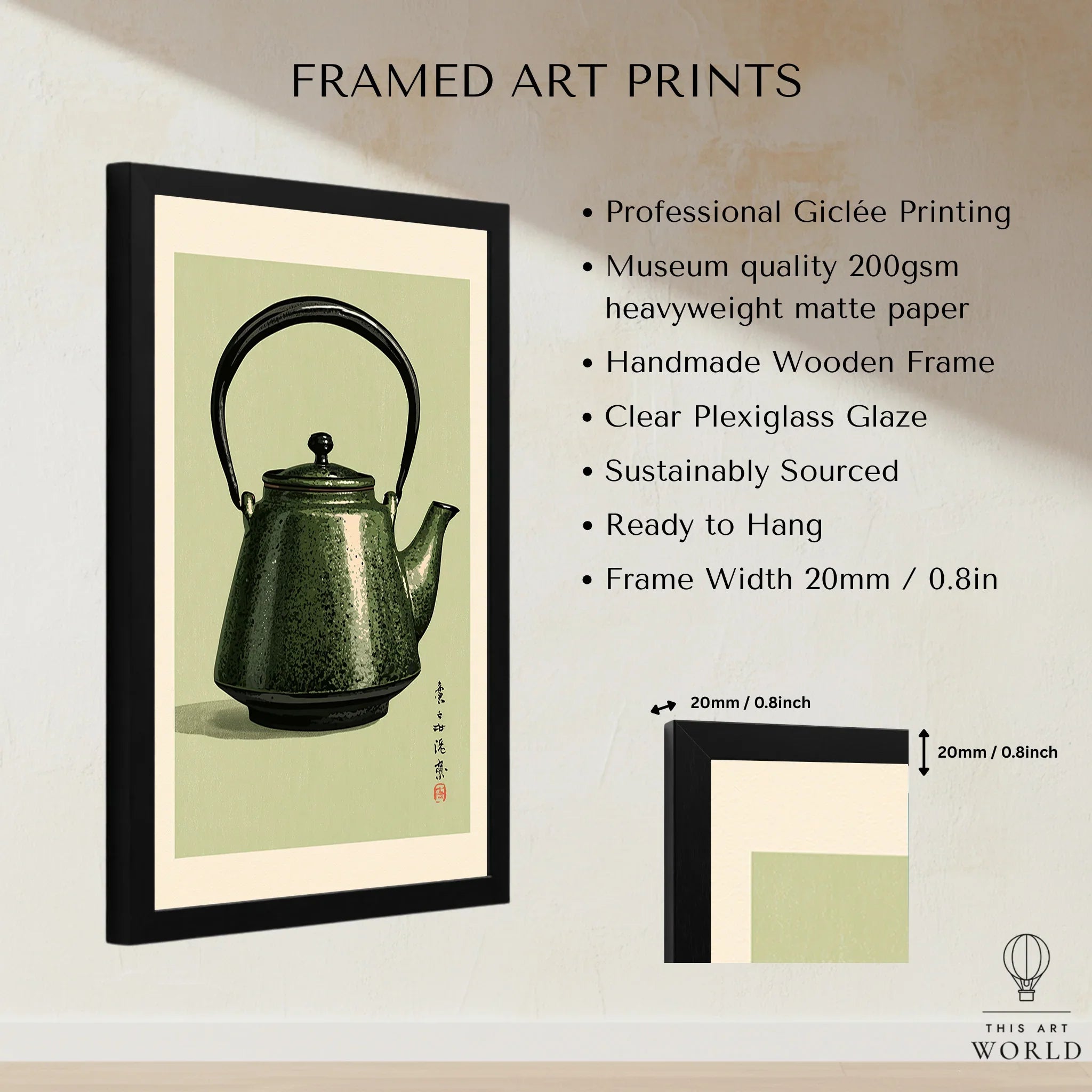 Japanese Teapot Art Print – Vintage Tea & Kitchen Wall Art — framed print details measurements quality details