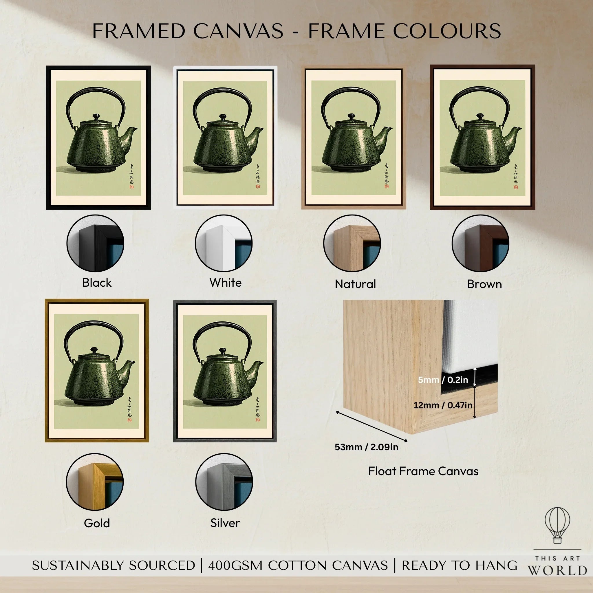 Japanese Teapot Art Print – Vintage Tea & Kitchen Wall Art — framed canvas float frame colour options