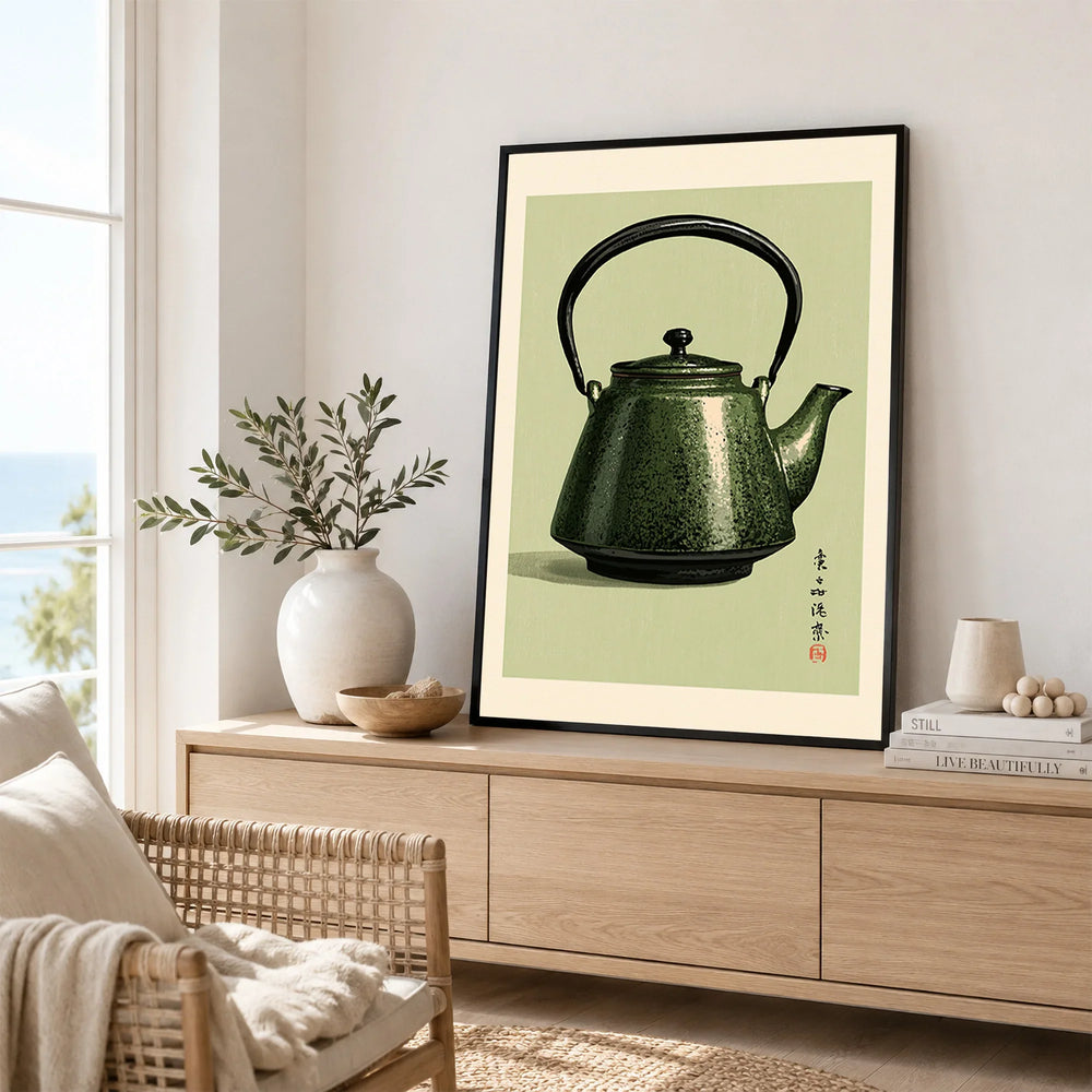 Japanese Teapot Art Print – Vintage Tea & Kitchen Wall Art — framed artwork living room lifestyle setting