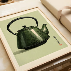 Japanese Teapot Art Print – Vintage Tea & Kitchen Wall Art — framed art print closeup gift unwrapped natural frame