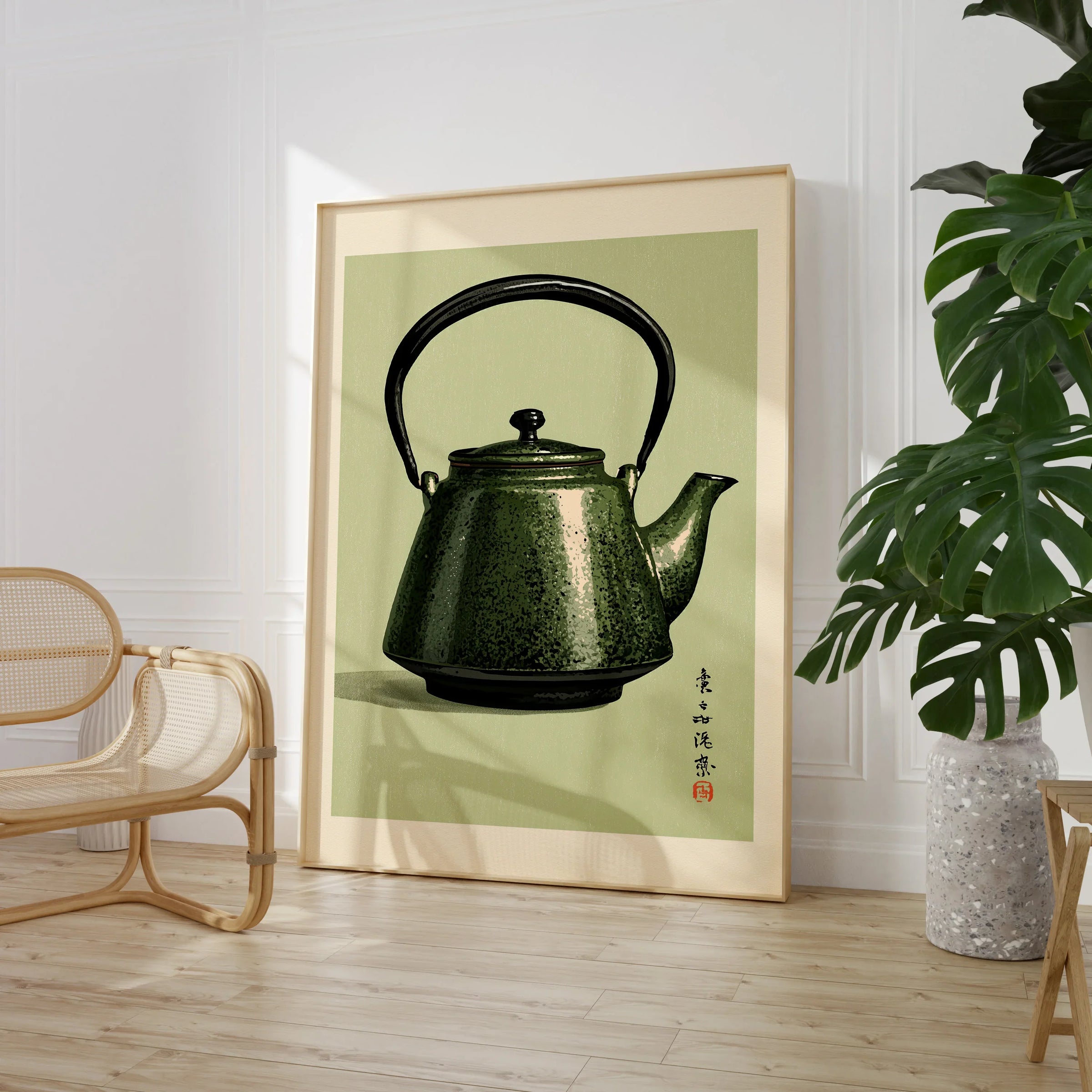 Japanese Teapot Art Print – Vintage Tea & Kitchen Wall Art — large framed print room setting chair plant