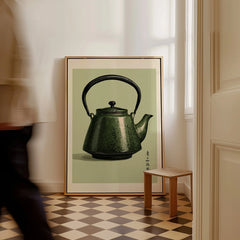 Japanese Teapot Art Print – Vintage Tea & Kitchen Wall Art — framed canvas on floor man walking past