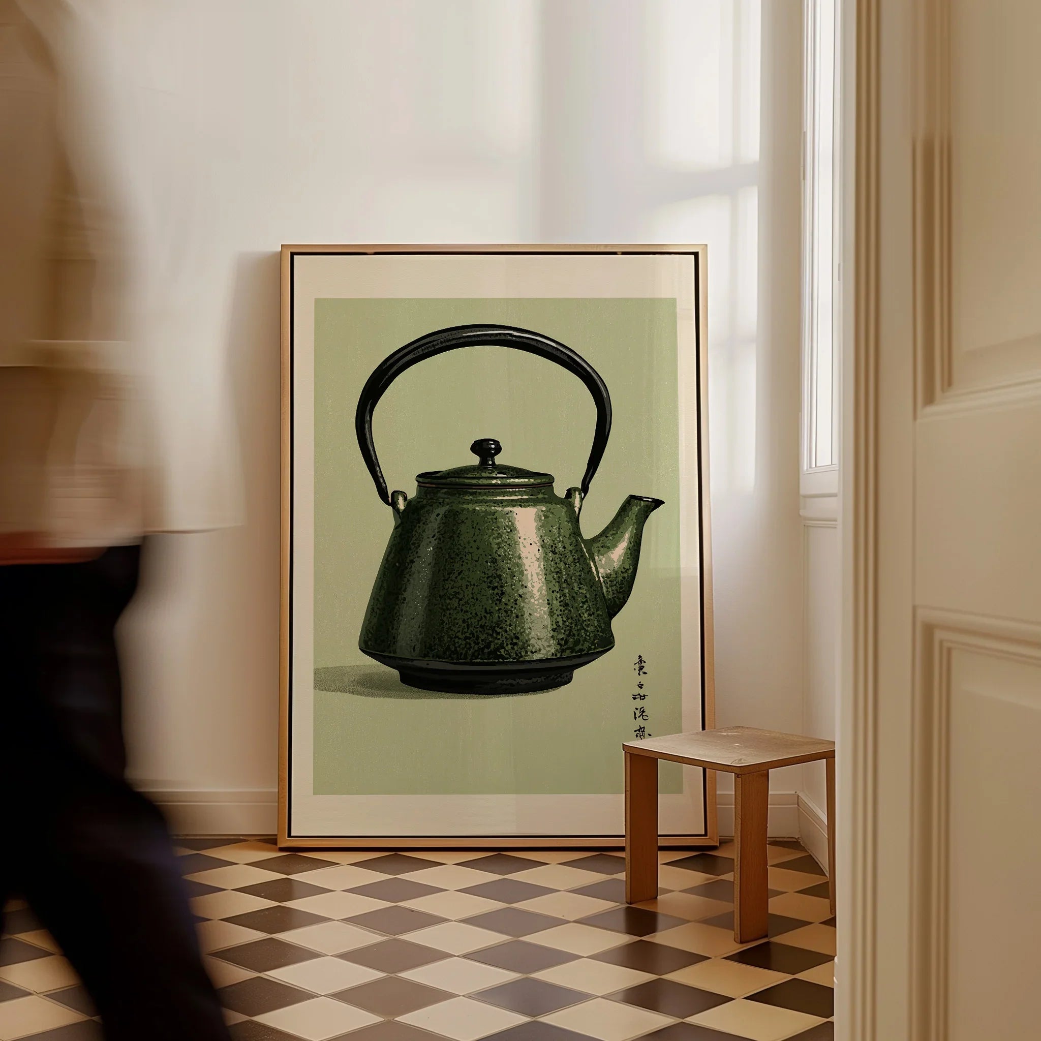 Japanese Teapot Art Print – Vintage Tea & Kitchen Wall Art — framed canvas on floor man walking past