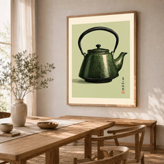 Japanese Teapot Art Print – Vintage Tea & Kitchen Wall Art — dining room framed print natural wood frame