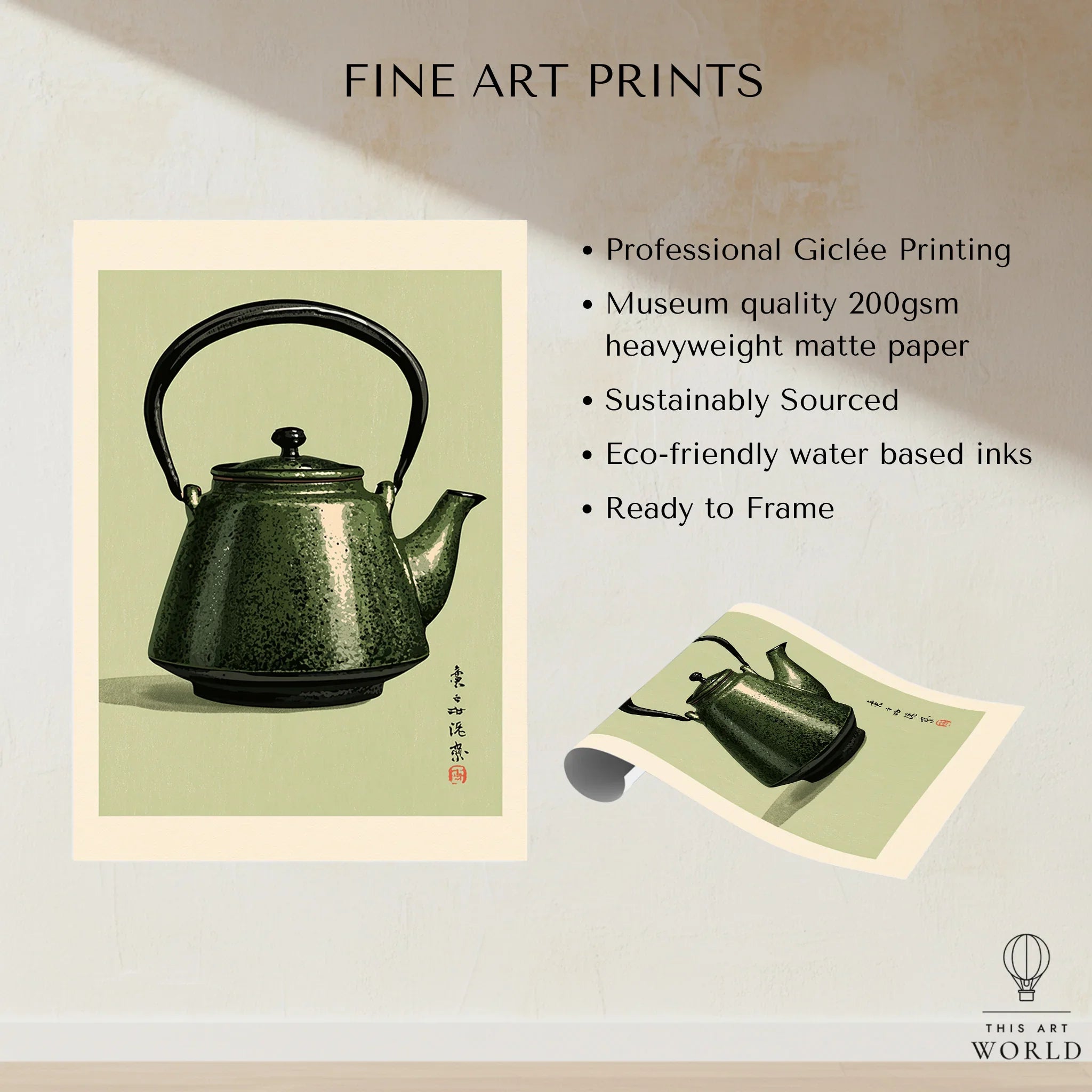 Japanese Teapot Art Print – Vintage Tea & Kitchen Wall Art — fine art print unframed quality details