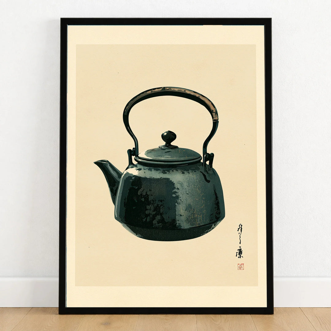 Japanese Tea Art Print – Vintage Teapot Kitchen Wall Art — art print in black frame on wooden floor