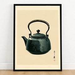 Japanese Tea Art Print – Vintage Teapot Kitchen Wall Art — art print in black frame on wooden floor