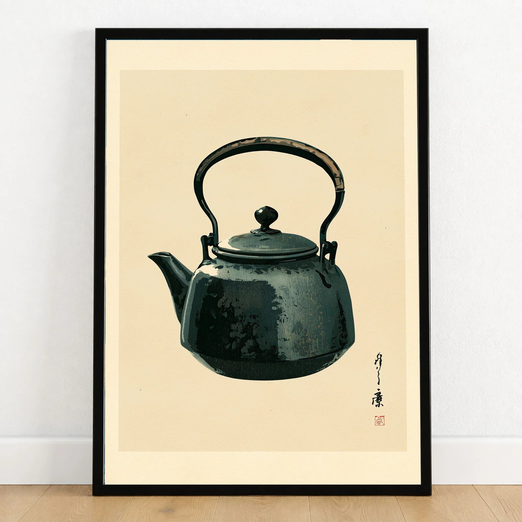 Japanese Tea Art Print – Vintage Teapot Kitchen Wall Art — art print in black frame on wooden floor