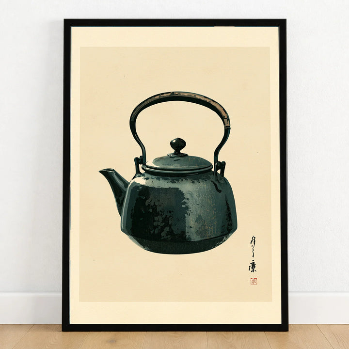 Japanese Tea Art Print – Vintage Teapot Kitchen Wall Art — art print in black frame on wooden floor